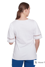 Ruby Rd Ruby Rd White Split Neck Interlock Knit Elbow Slv
