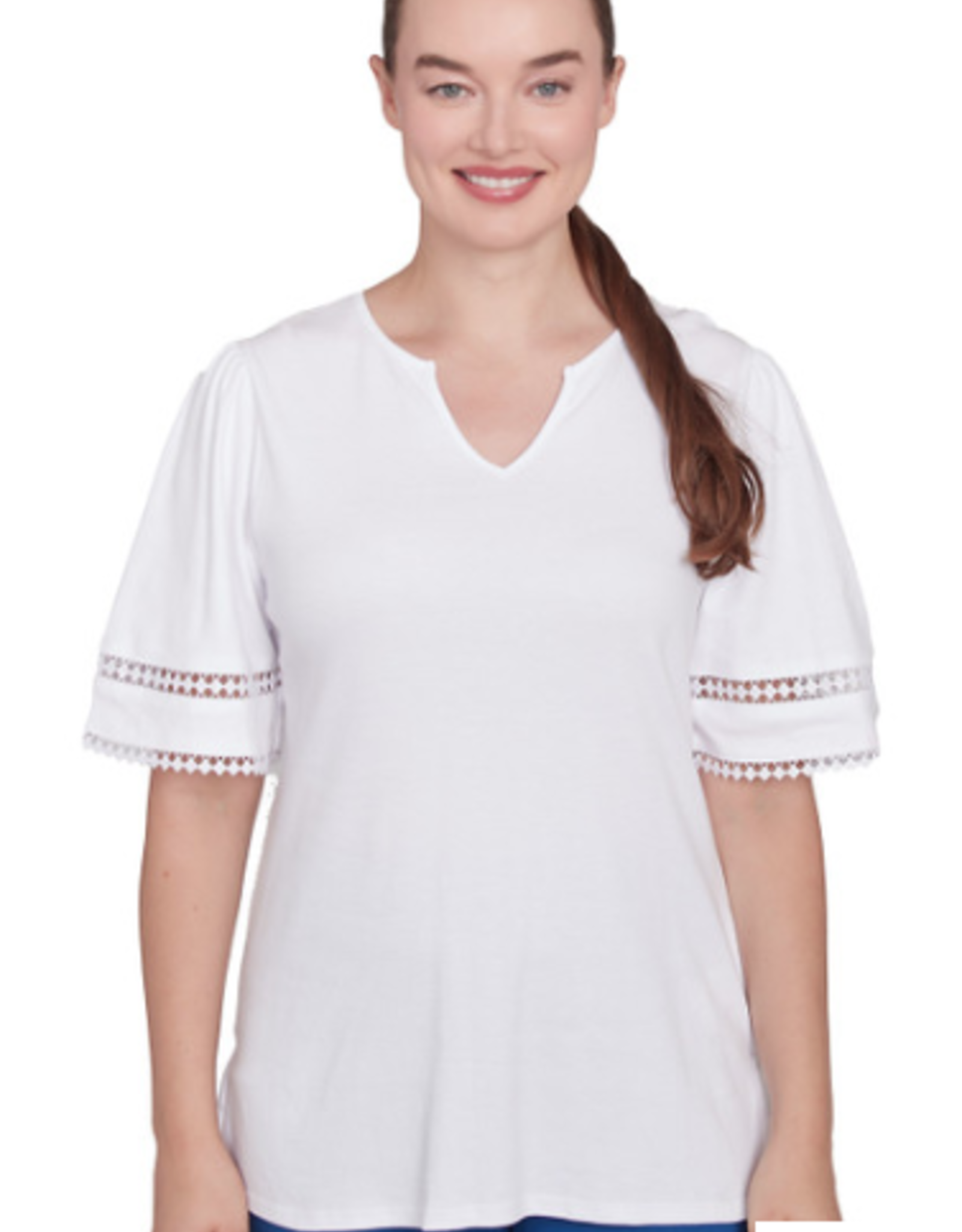 Ruby Rd Ruby Rd White Split Neck Interlock Knit Elbow Slv