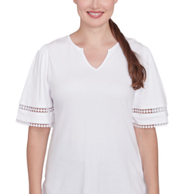 Ruby Rd Ruby Rd White Split Neck Interlock Knit Elbow Slv