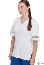Ruby Rd Ruby Rd White Split Neck Interlock Knit Elbow Slv