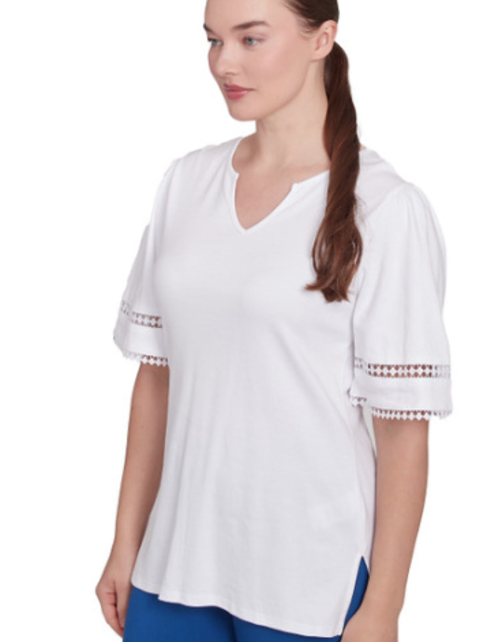 Ruby Rd Ruby Rd White Split Neck Interlock Knit Elbow Slv