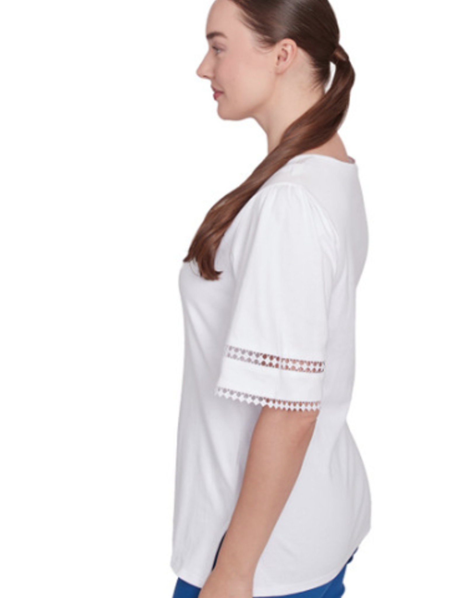 Ruby Rd Ruby Rd White Split Neck Interlock Knit Elbow Slv