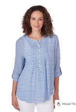 Ruby Rd Ruby Rd Blue Combo Holf Placket Stand Collar Gingham Print 3/4 Slv