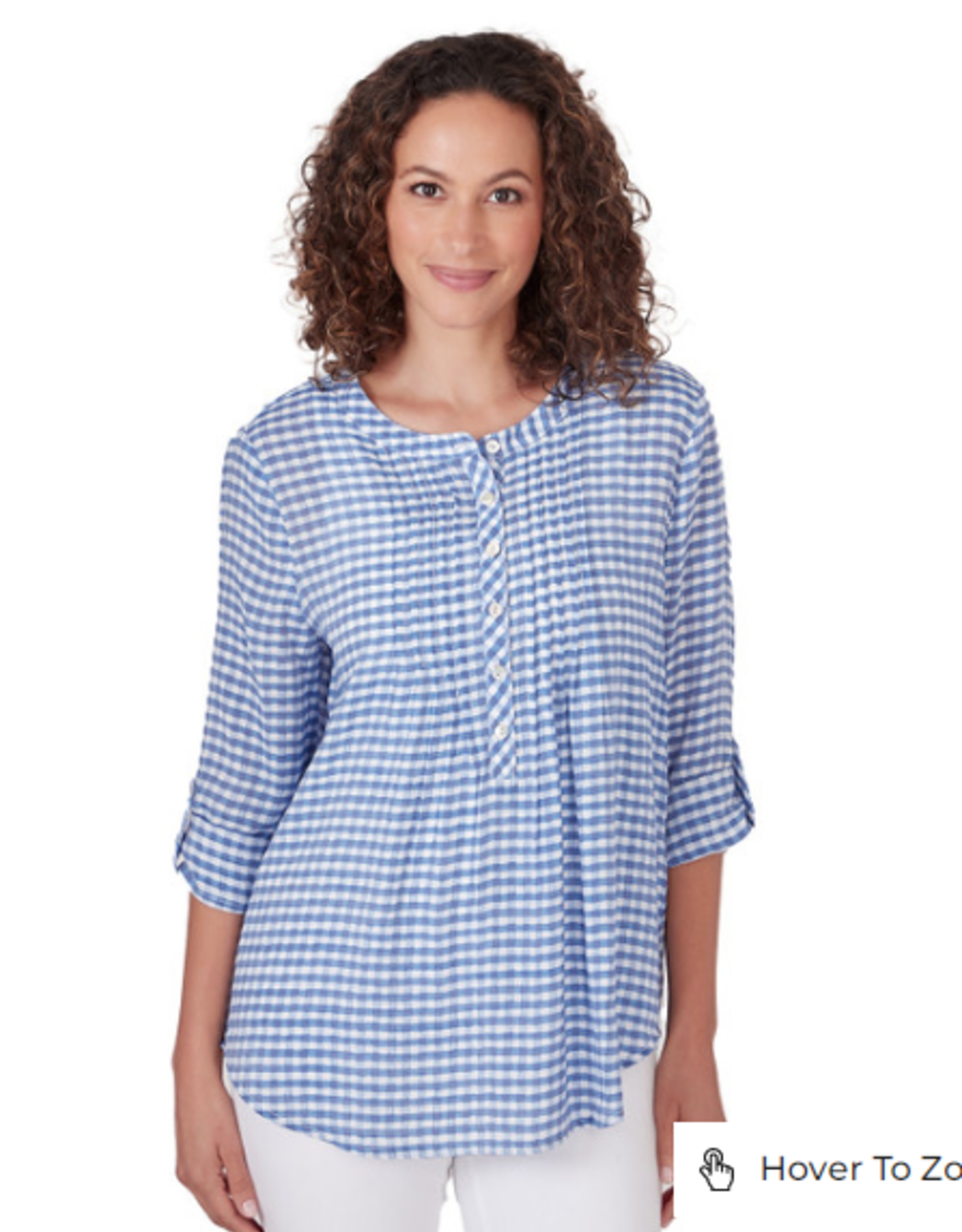 Ruby Rd Ruby Rd Blue Combo Holf Placket Stand Collar Gingham Print 3/4 Slv