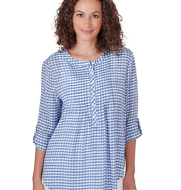 Ruby Rd Ruby Rd Blue Combo Holf Placket Stand Collar Gingham Print 3/4 Slv