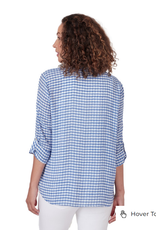 Ruby Rd Ruby Rd Blue Combo Holf Placket Stand Collar Gingham Print 3/4 Slv