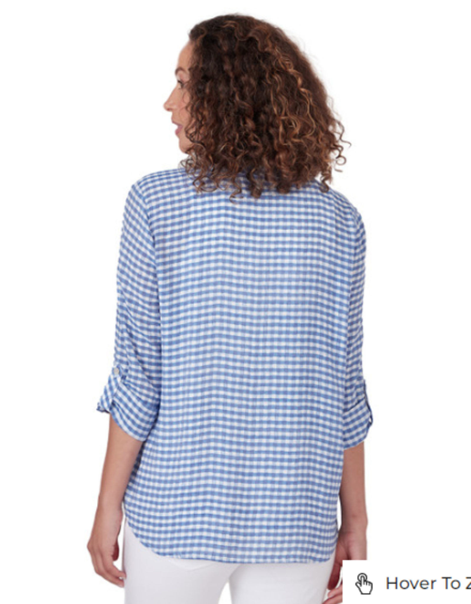 Ruby Rd Ruby Rd Blue Combo Holf Placket Stand Collar Gingham Print 3/4 Slv
