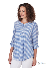Ruby Rd Ruby Rd Blue Combo Holf Placket Stand Collar Gingham Print 3/4 Slv