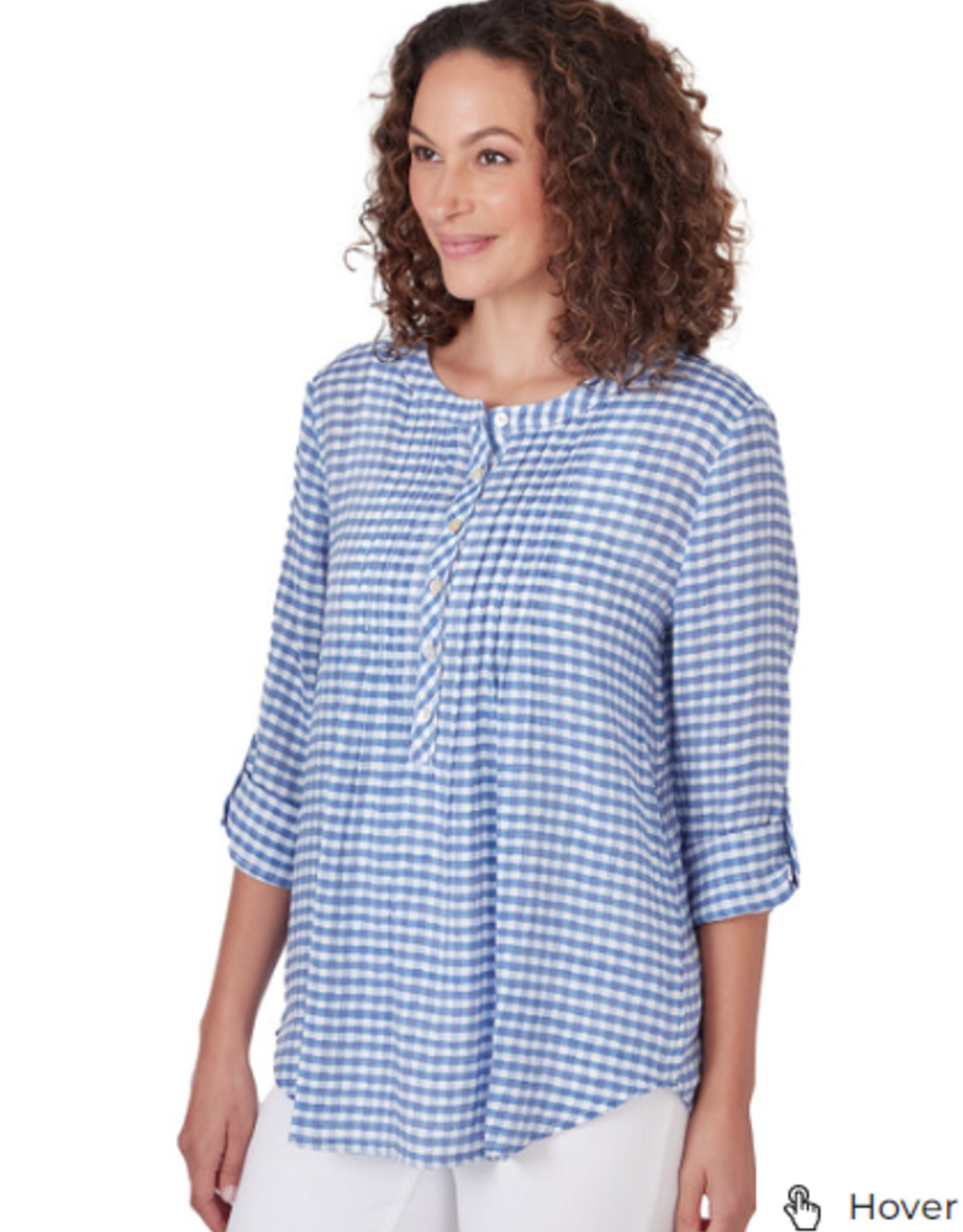 Ruby Rd Ruby Rd Blue Combo Holf Placket Stand Collar Gingham Print 3/4 Slv