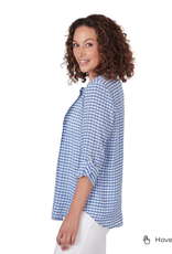 Ruby Rd Ruby Rd Blue Combo Holf Placket Stand Collar Gingham Print 3/4 Slv