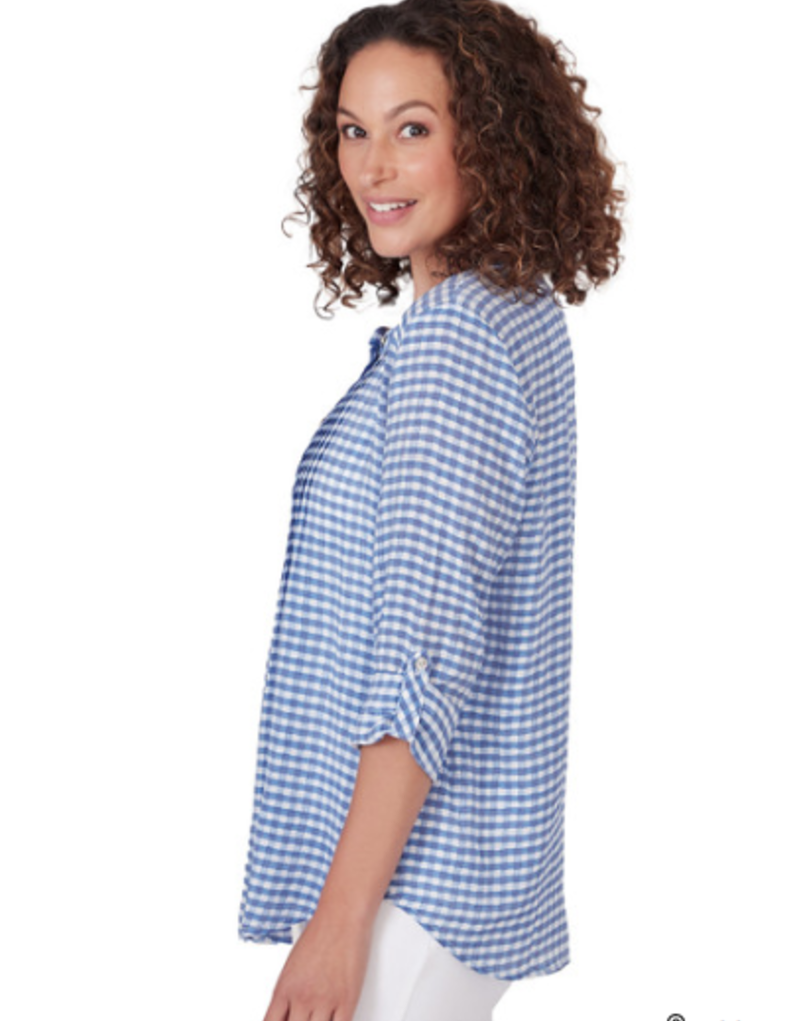 Ruby Rd Ruby Rd Blue Combo Holf Placket Stand Collar Gingham Print 3/4 Slv