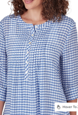 Ruby Rd Ruby Rd Blue Combo Holf Placket Stand Collar Gingham Print 3/4 Slv