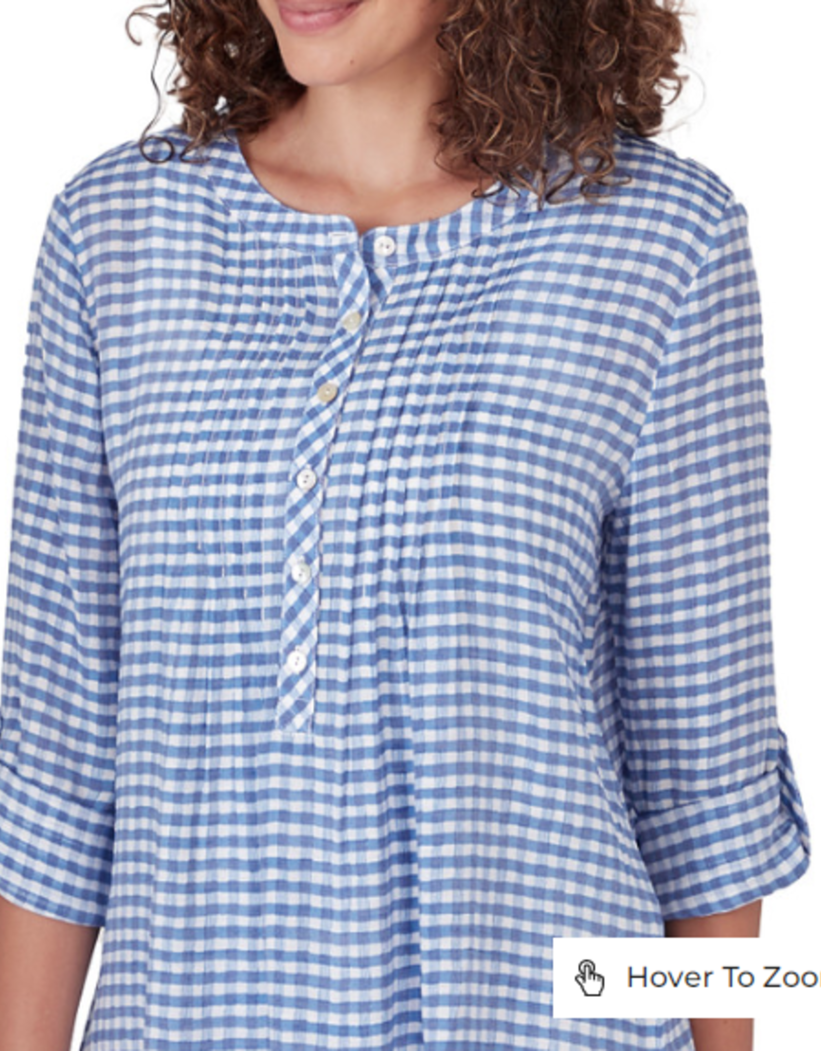 Ruby Rd Ruby Rd Blue Combo Holf Placket Stand Collar Gingham Print 3/4 Slv