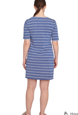 Ruby Rd Ruby Rd Blue/White V Neck W/Embroidery Stripe Dress Elbow Sleeve