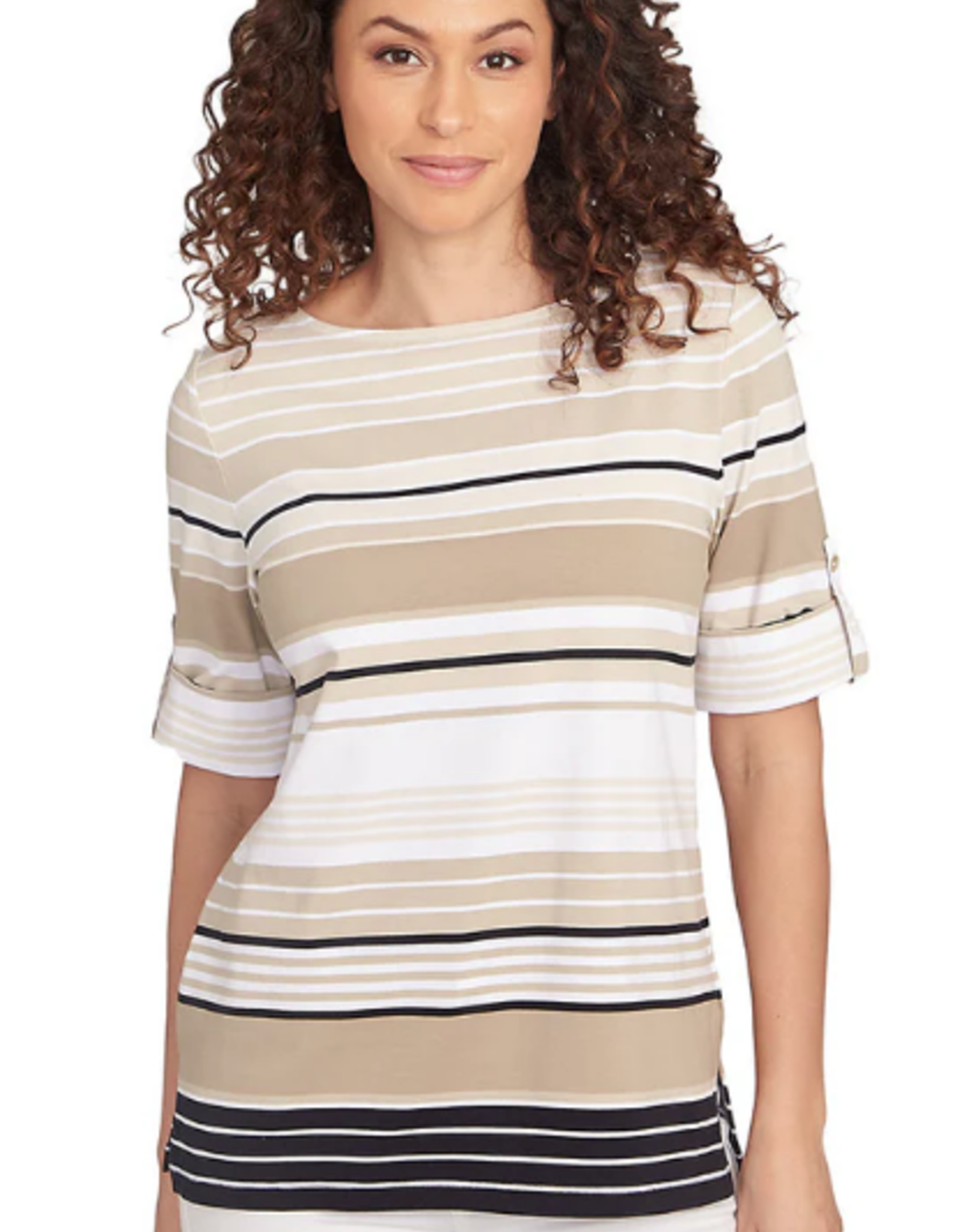 Ruby Rd Ruby Rd Chino Boat Neck Stripe Border Knit W/Roll-Tab Elbow