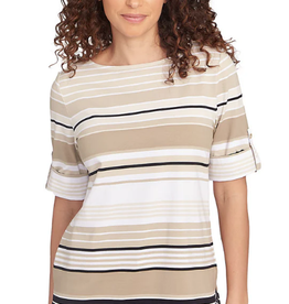 Ruby Rd Ruby Rd Chino Boat Neck Stripe Border Knit W/Roll-Tab Elbow