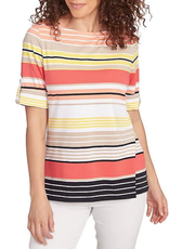 Ruby Rd Ruby Rd Petite Grapefruit Boat Neck Stripe Border Knit Top W/Roll Tab Elbow