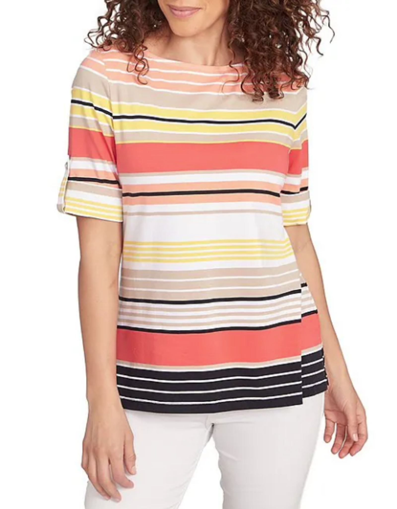 Ruby Rd Ruby Rd Petite Grapefruit Boat Neck Stripe Border Knit Top W/Roll Tab Elbow
