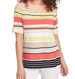 Ruby Rd Ruby Rd Petite Grapefruit Boat Neck Stripe Border Knit Top W/Roll Tab Elbow