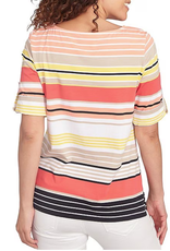 Ruby Rd Ruby Rd Petite Grapefruit Boat Neck Stripe Border Knit Top W/Roll Tab Elbow