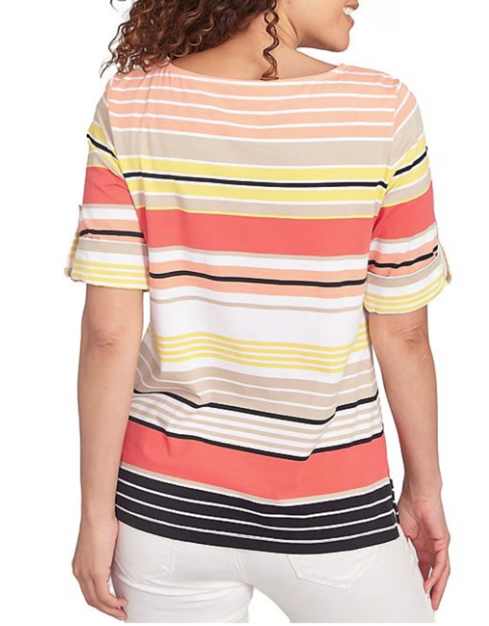 Ruby Rd Ruby Rd Petite Grapefruit Boat Neck Stripe Border Knit Top W/Roll Tab Elbow