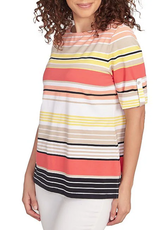 Ruby Rd Ruby Rd Petite Grapefruit Boat Neck Stripe Border Knit Top W/Roll Tab Elbow