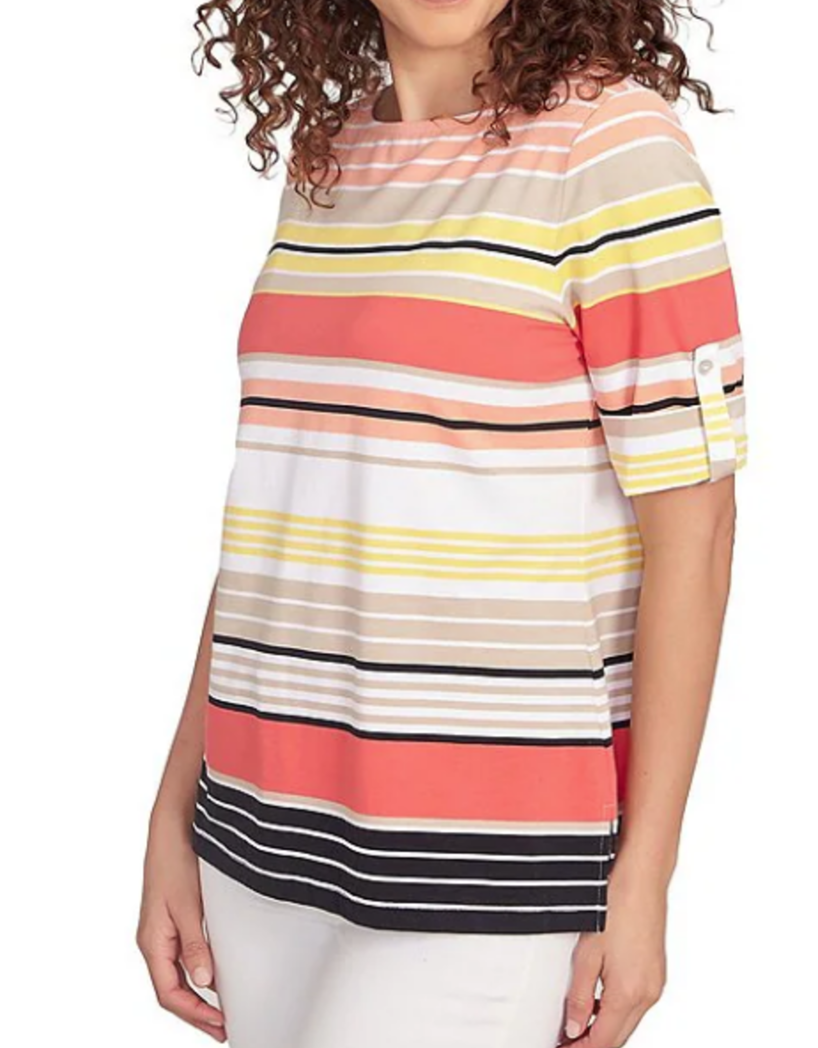Ruby Rd Ruby Rd Petite Grapefruit Boat Neck Stripe Border Knit Top W/Roll Tab Elbow