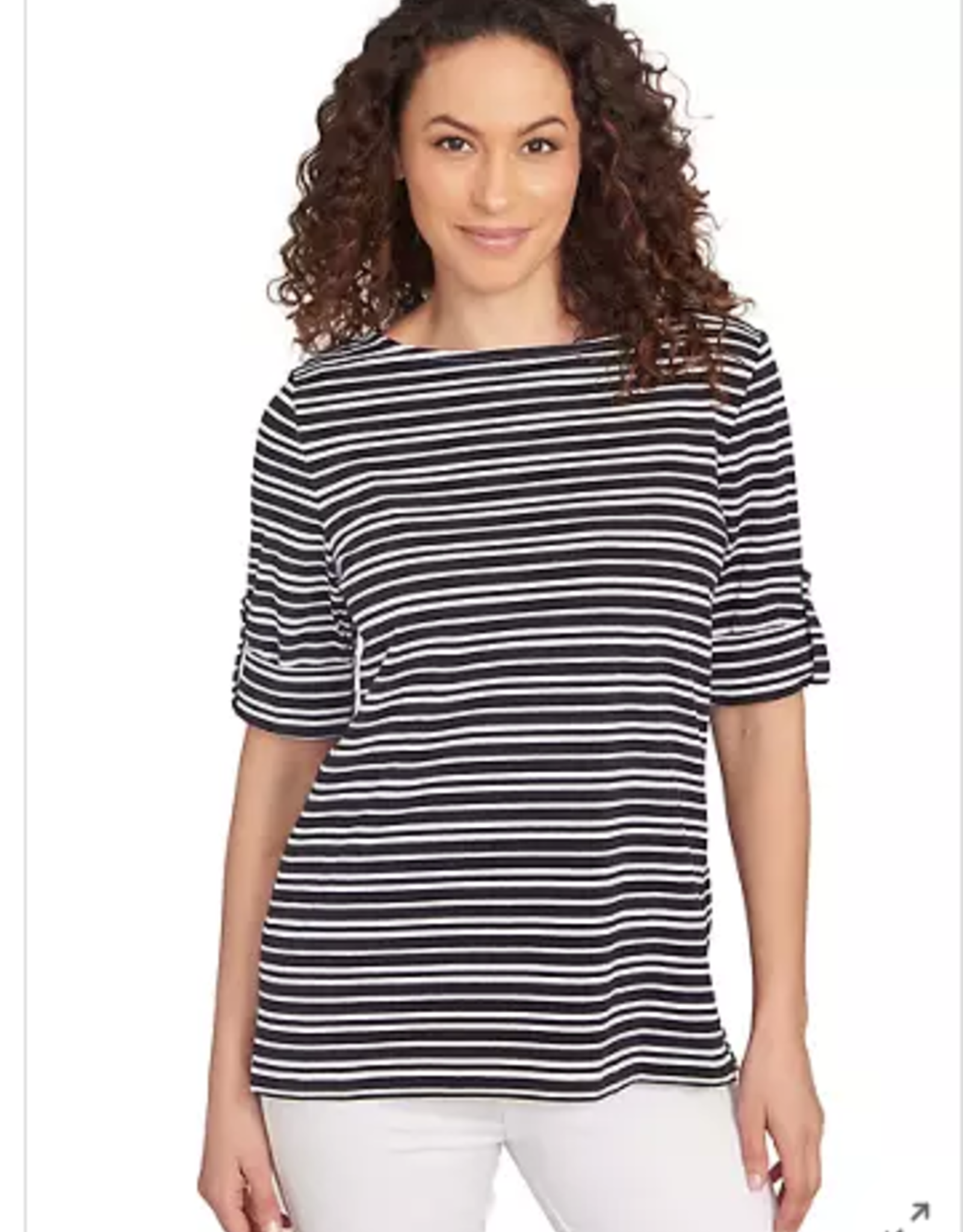 Ruby Rd Ruby Rd Black/White Boat Neck Variegated Stripe Print Knit W/Roll-Tab Elbow