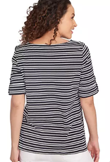 Ruby Rd Ruby Rd Black/White Boat Neck Variegated Stripe Print Knit W/Roll-Tab Elbow