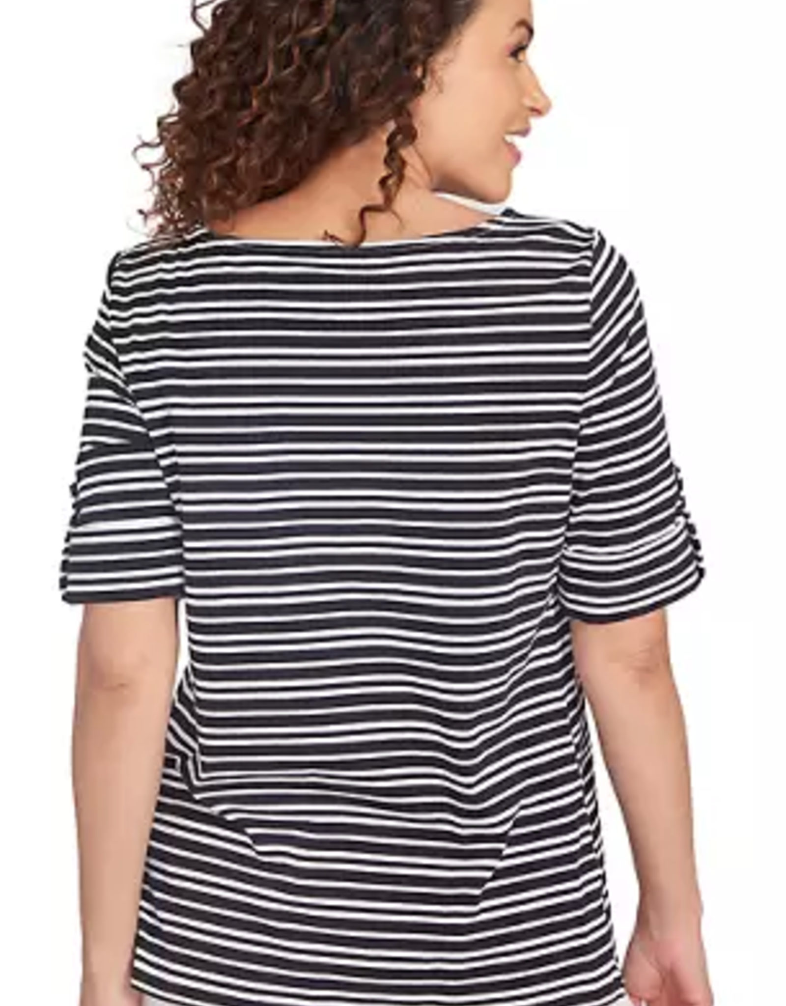 Ruby Rd Ruby Rd Black/White Boat Neck Variegated Stripe Print Knit W/Roll-Tab Elbow