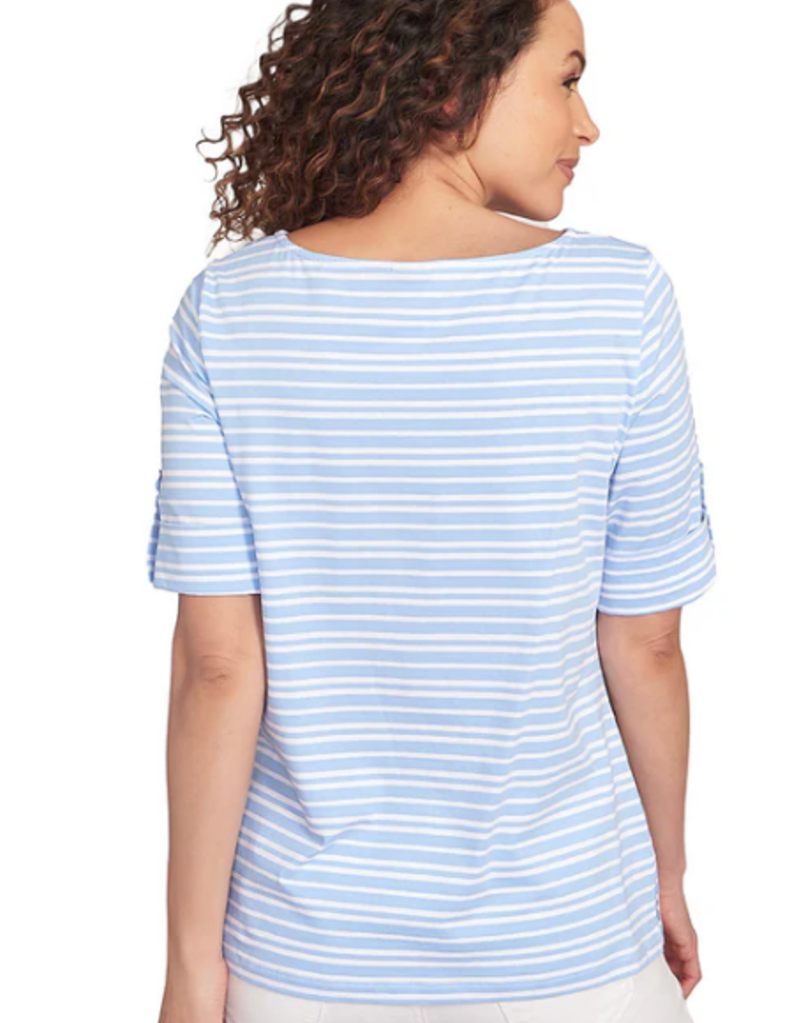 Ruby Rd Ruby Rd Chambray/White Boat Neck Variegated Stripe Print Knit W/Roll-Tab Elbow