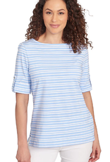 Ruby Rd Ruby Rd Chambray/White Boat Neck Variegated Stripe Print Knit W/Roll-Tab Elbow