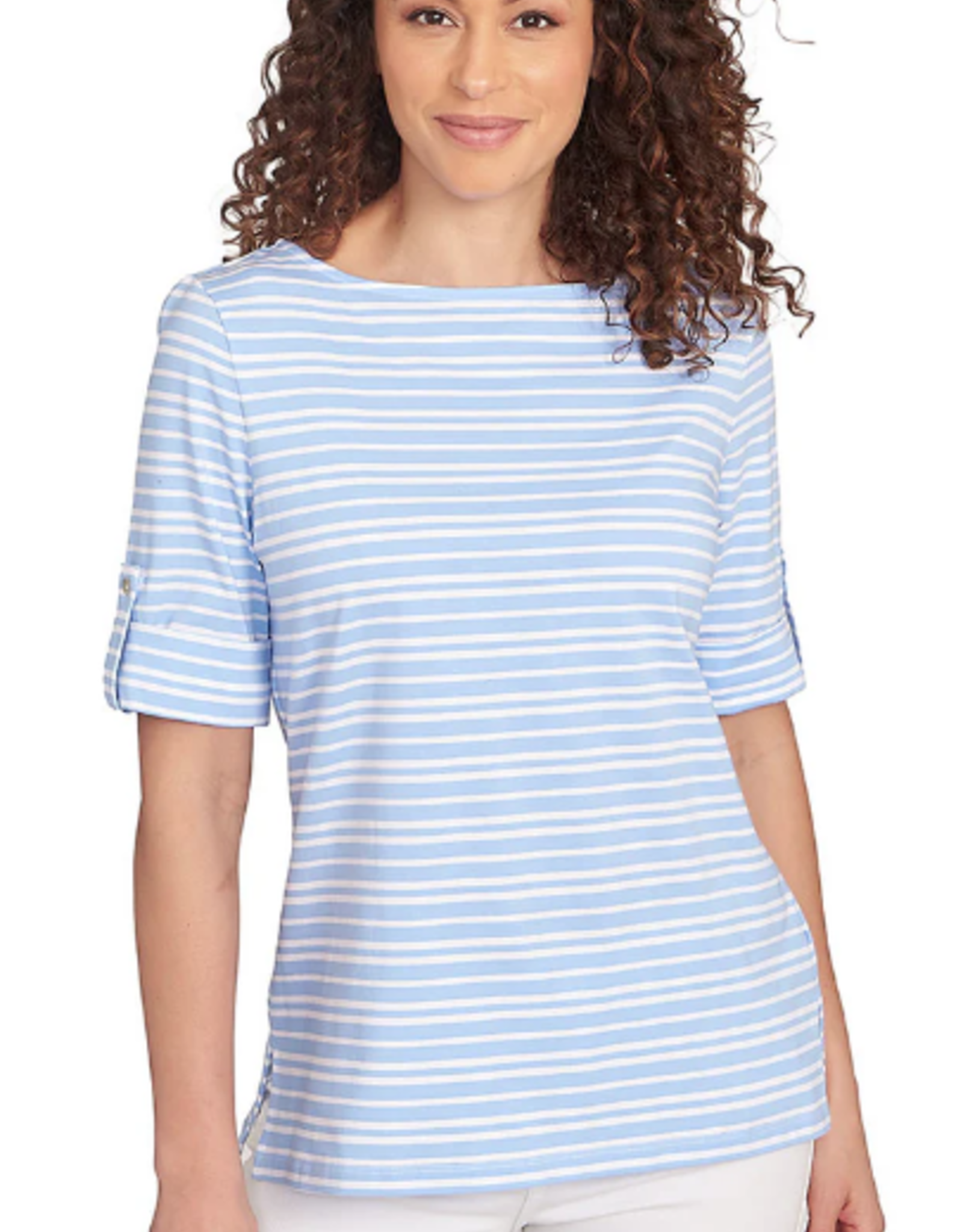 Ruby Rd Ruby Rd Chambray/White Boat Neck Variegated Stripe Print Knit W/Roll-Tab Elbow
