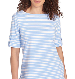 Ruby Rd Ruby Rd Chambray/White Boat Neck Variegated Stripe Print Knit W/Roll-Tab Elbow