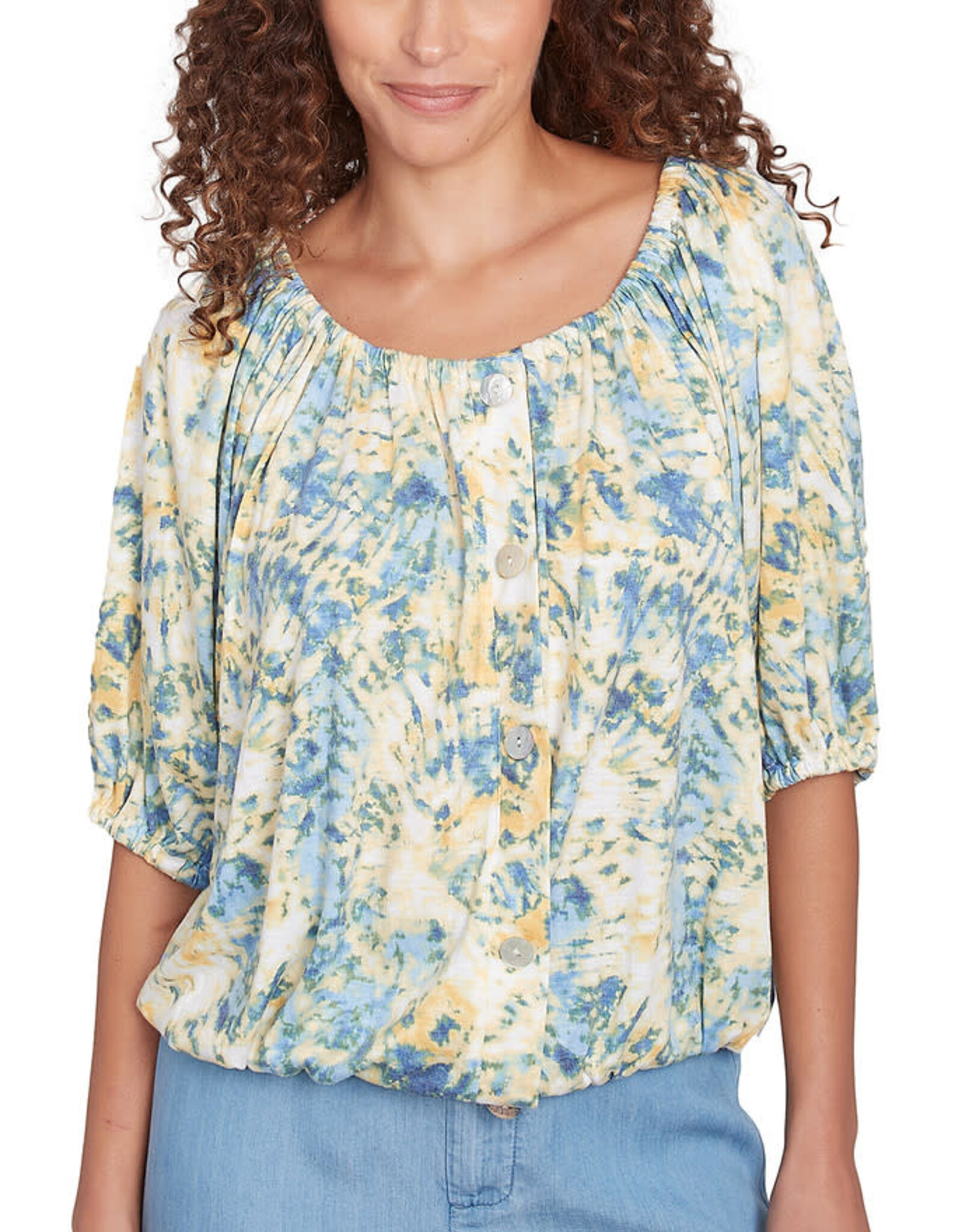 skyes the limit Skyes Petite White Multi Elbow Slv Tie Dye Crinkle Blouson Top