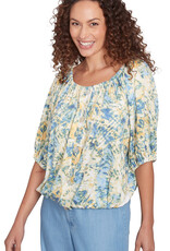 skyes the limit Skyes Petite White Multi Elbow Slv Tie Dye Crinkle Blouson Top