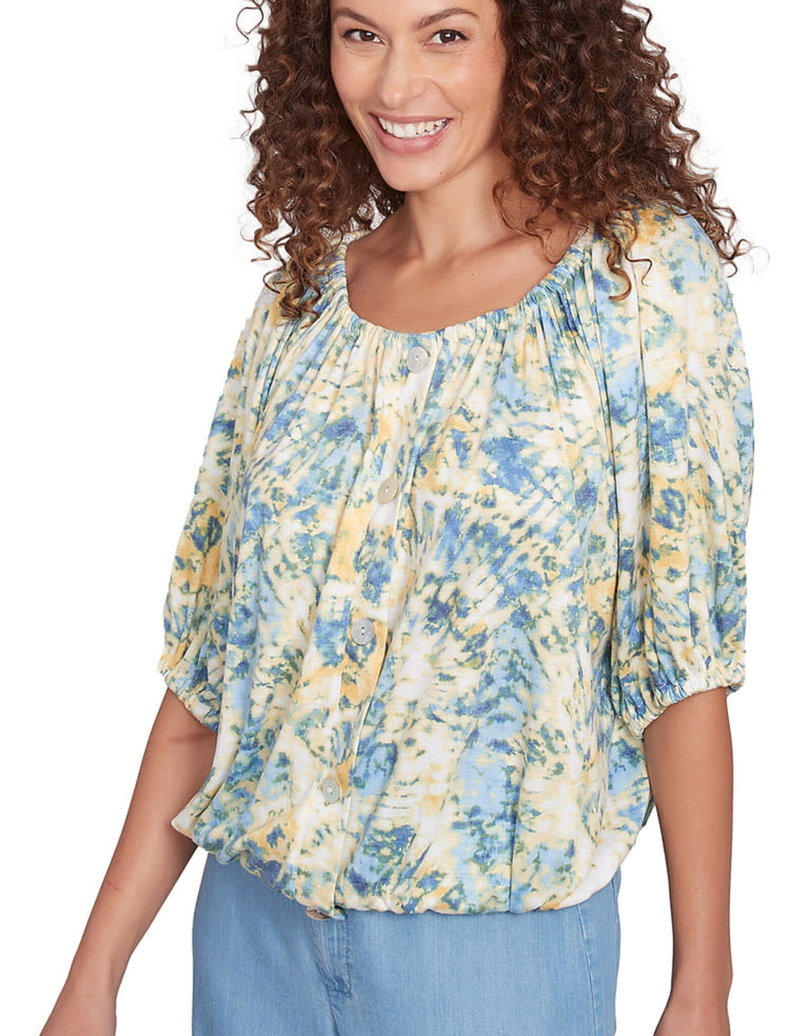 skyes the limit Skyes Petite White Multi Elbow Slv Tie Dye Crinkle Blouson Top