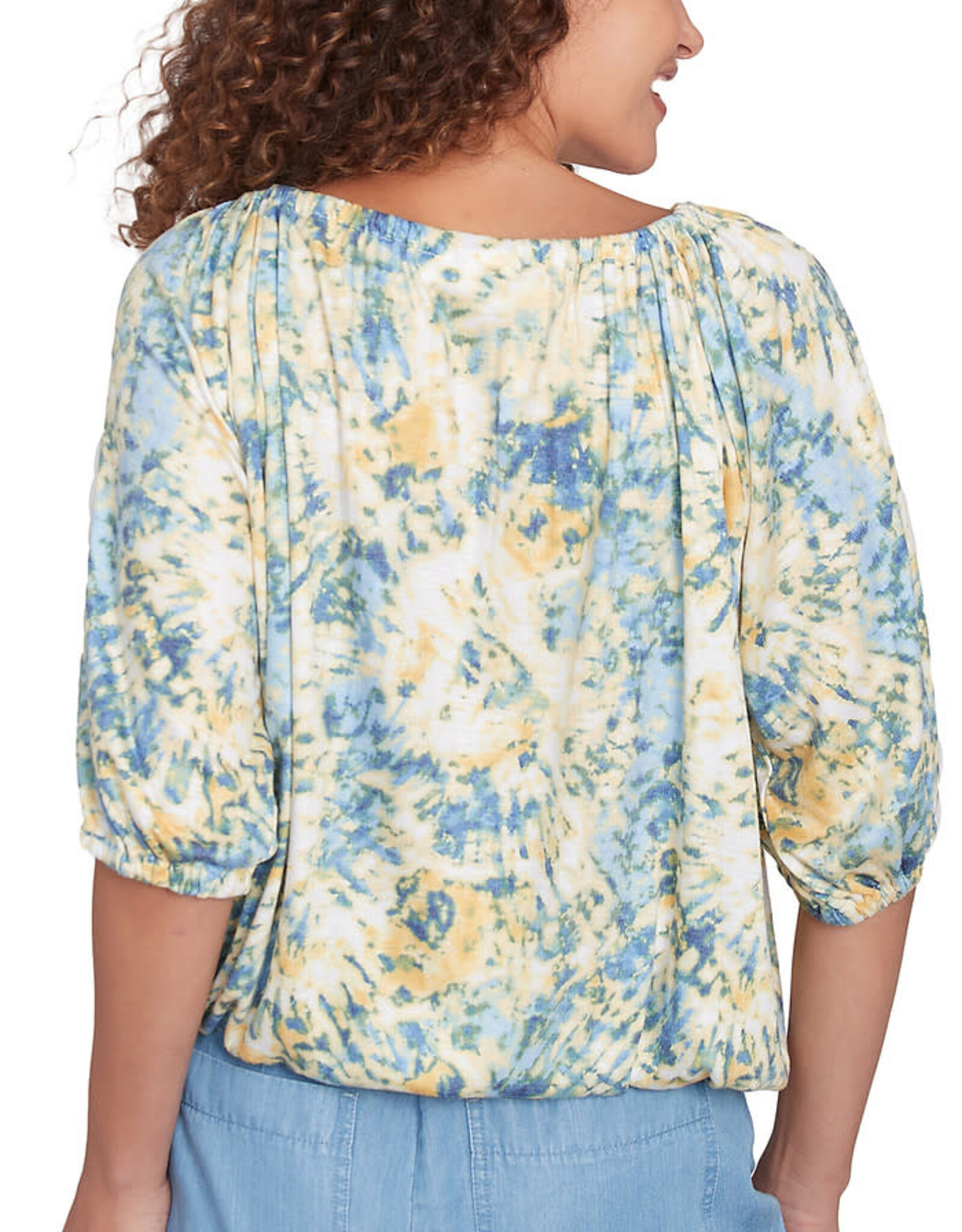 skyes the limit Skyes Petite White Multi Elbow Slv Tie Dye Crinkle Blouson Top