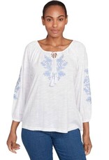 skyes the limit Skyes Petite White/Blue 3/4 Slv Embroidered Peasant Slub Top