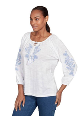 skyes the limit Skyes Petite White/Blue 3/4 Slv Embroidered Peasant Slub Top