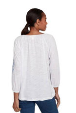 skyes the limit Skyes Petite White/Blue 3/4 Slv Embroidered Peasant Slub Top
