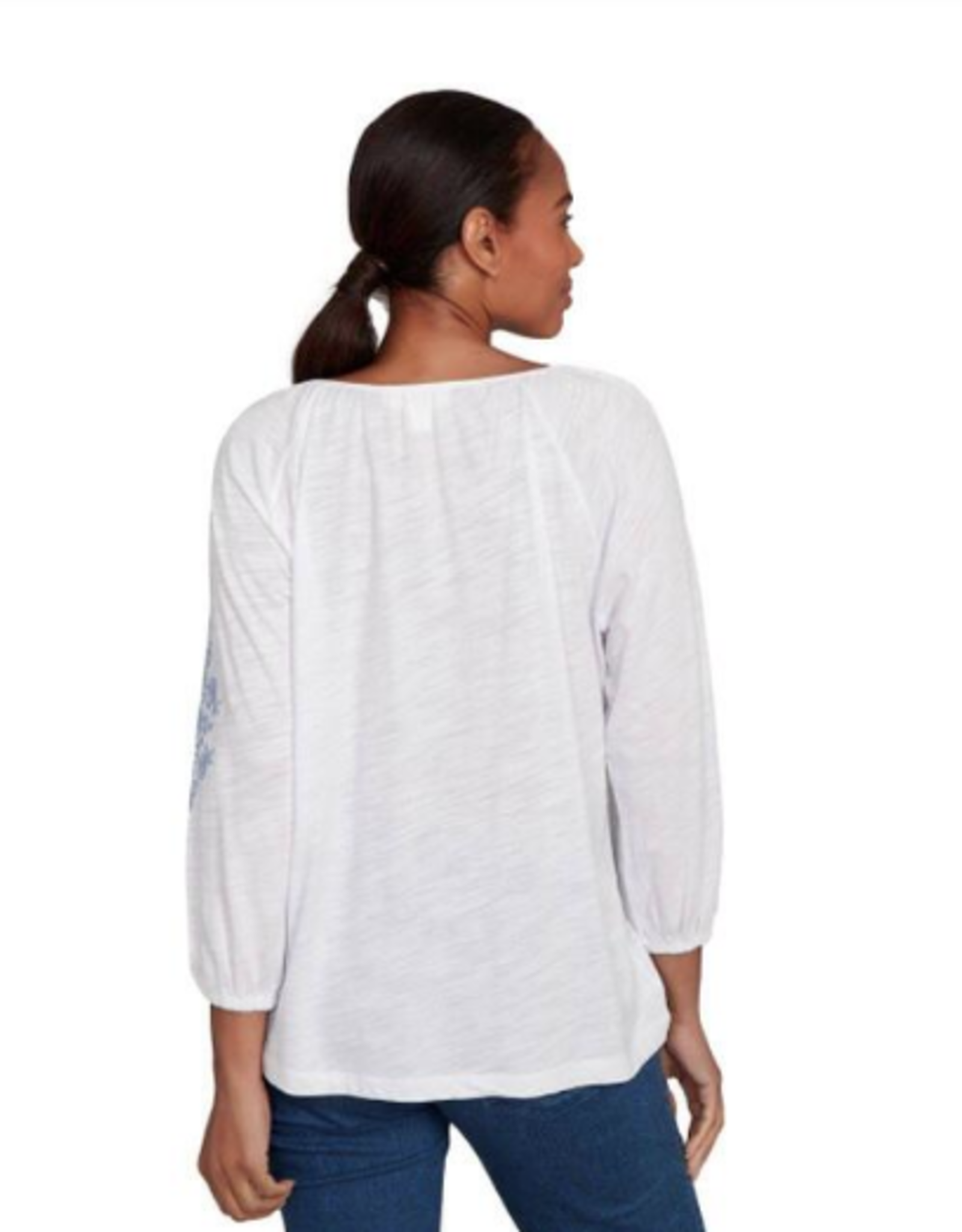 skyes the limit Skyes Petite White/Blue 3/4 Slv Embroidered Peasant Slub Top