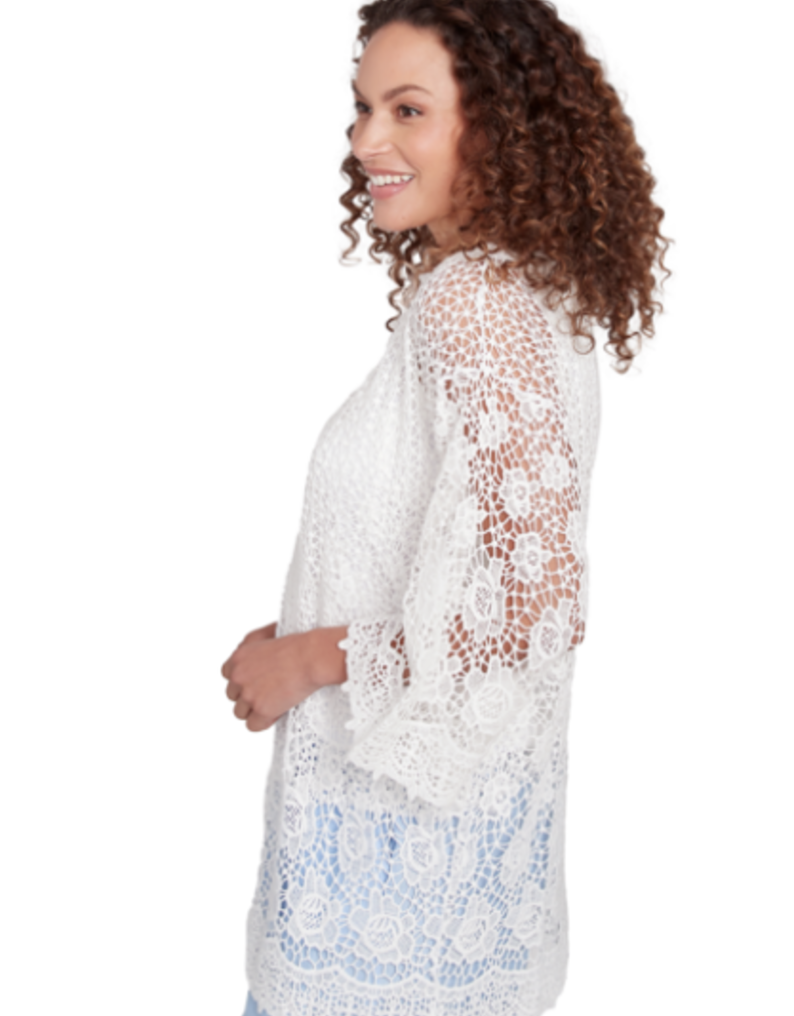 skyes the limit Skyes Petite White 3/4 Slv Chemical Lace Kimono