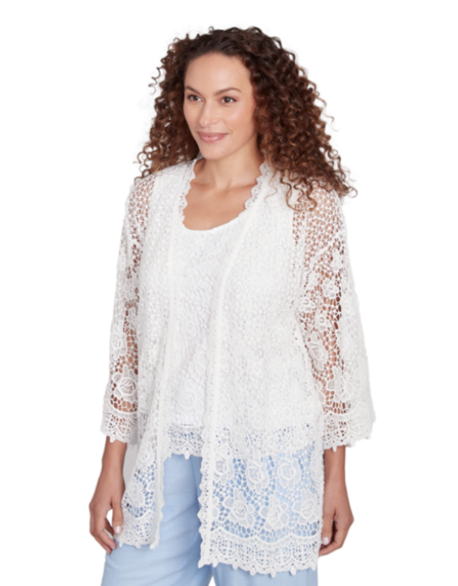 skyes the limit Skyes Petite White 3/4 Slv Chemical Lace Kimono