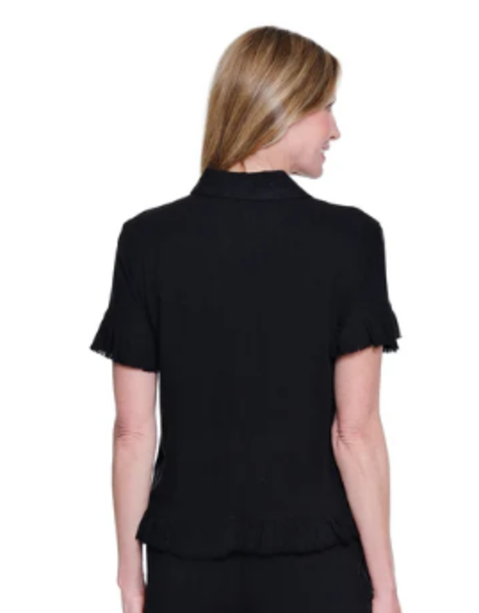 Multiples Multiples Petite Black Ruffle Short Sleeve 2-Pocket Ruffle Hem Jean Jacket