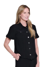 Multiples Multiples Petite Black Ruffle Short Sleeve 2-Pocket Ruffle Hem Jean Jacket