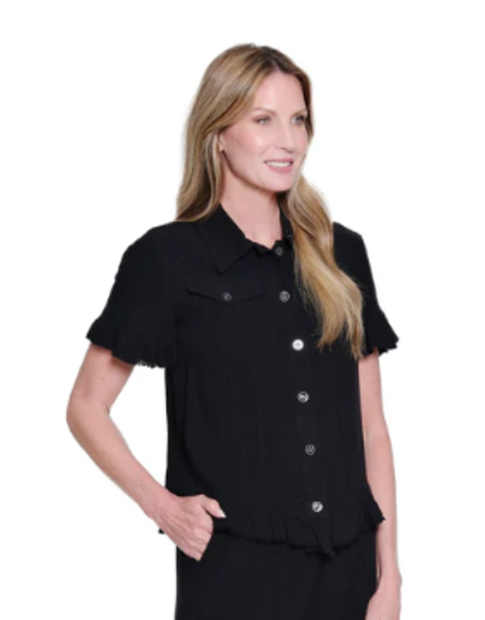 Multiples Multiples Petite Black Ruffle Short Sleeve 2-Pocket Ruffle Hem Jean Jacket