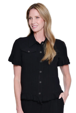 Multiples Multiples Petite Black Ruffle Short Sleeve 2-Pocket Ruffle Hem Jean Jacket