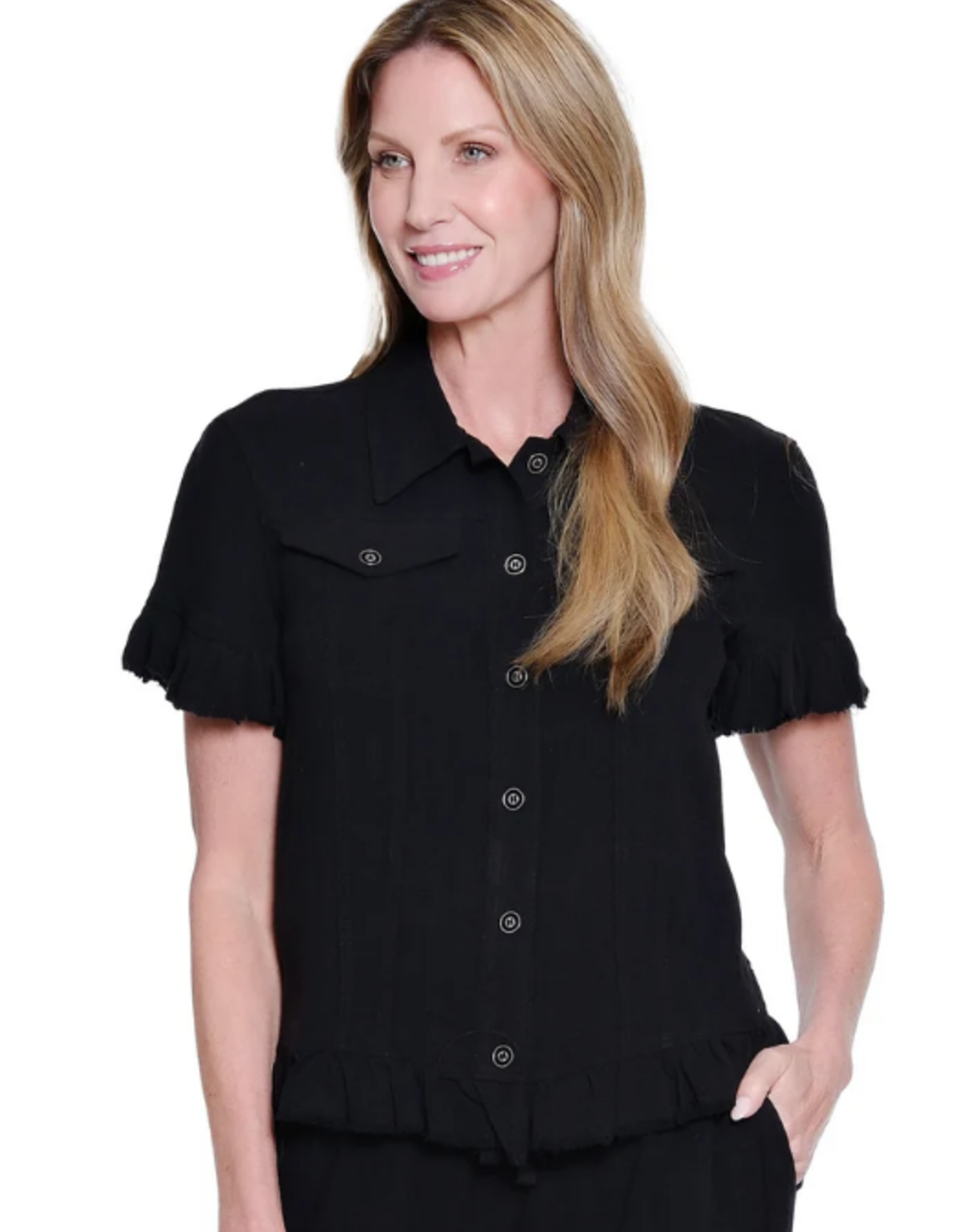 Multiples Multiples Petite Black Ruffle Short Sleeve 2-Pocket Ruffle Hem Jean Jacket