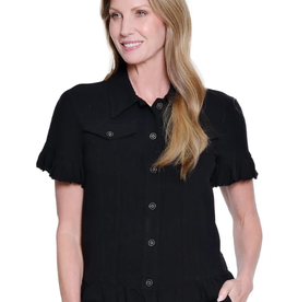 Multiples Multiples Petite Black Ruffle Short Sleeve 2-Pocket Ruffle Hem Jean Jacket